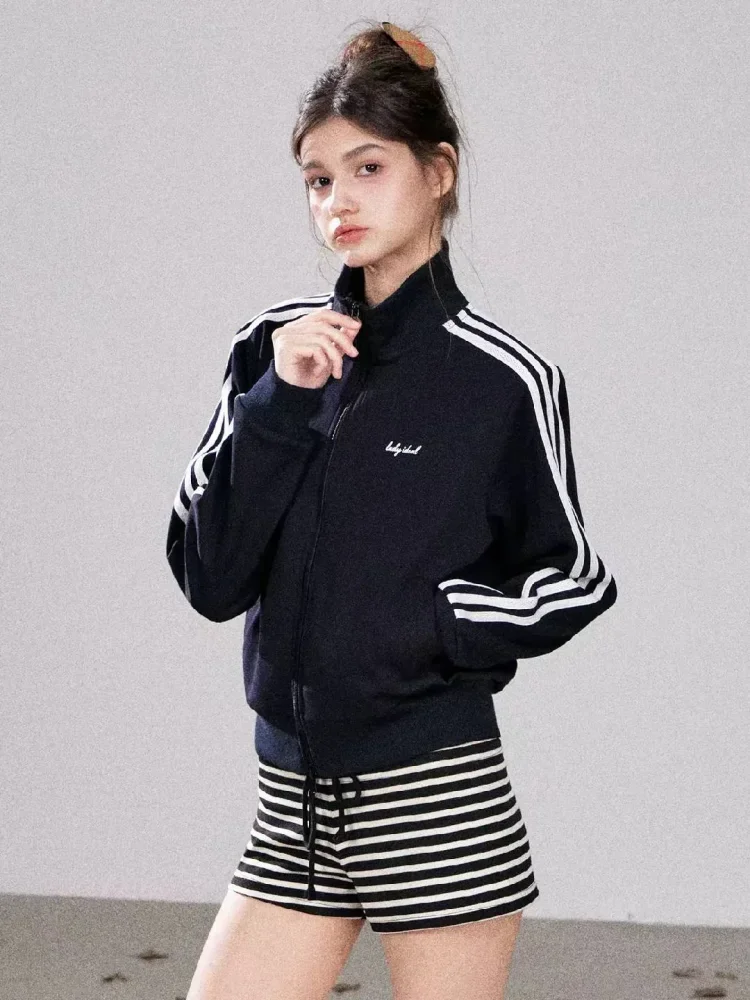 CHICMORE Jaket wanita lengan panjang dengan kerah tinggi gaya casual modern