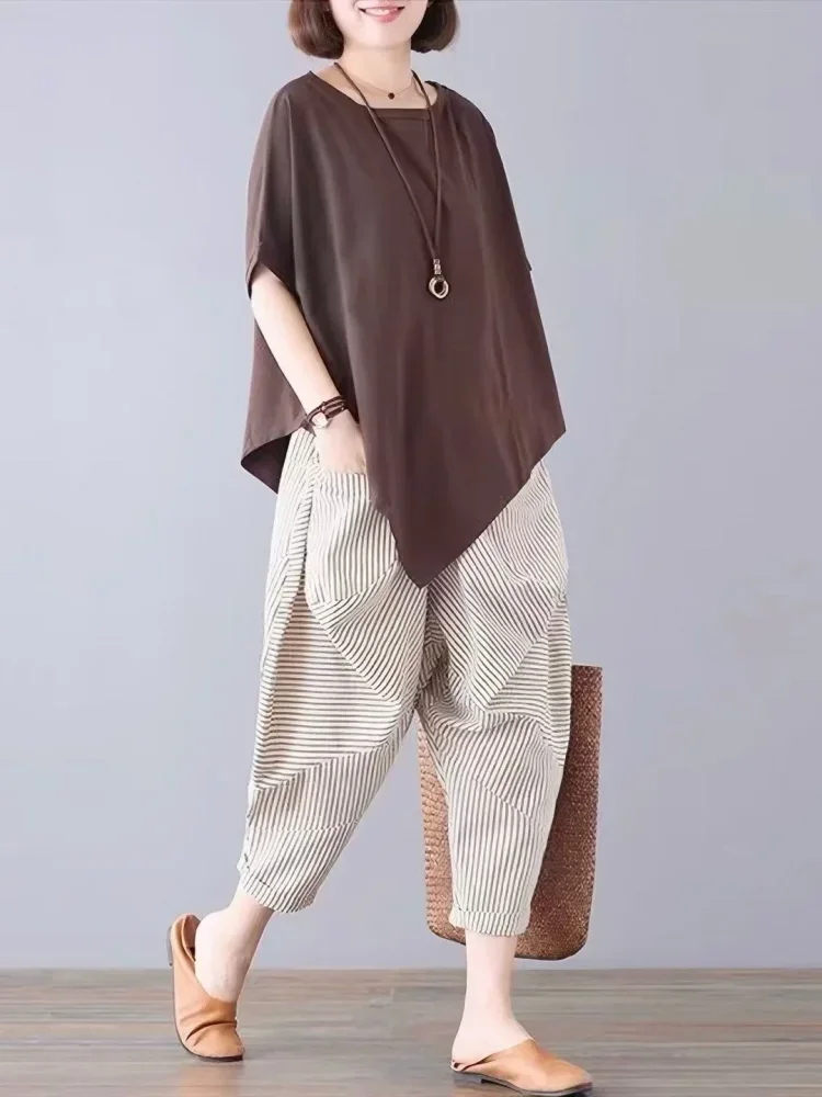 ASAYA Setelan dua potong atasan warna solid dengan lengan pendek dan celana panjang kaki lebar