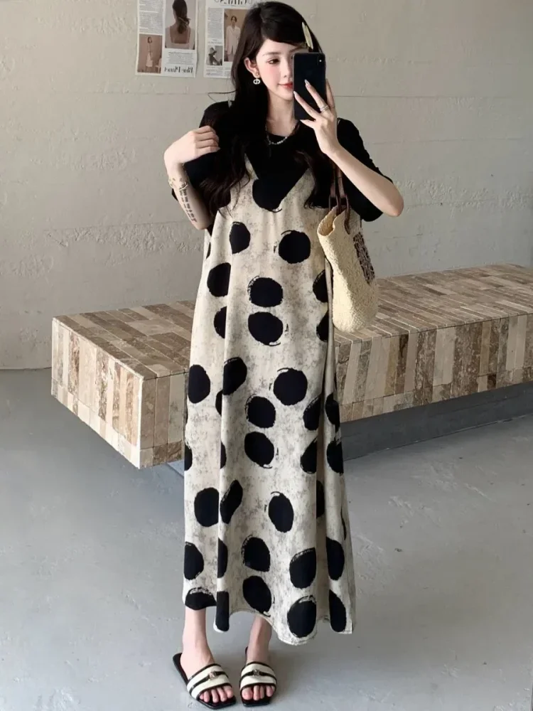 ASAYA Gaun model lengan pendek dengan motif cetak bergaya baru