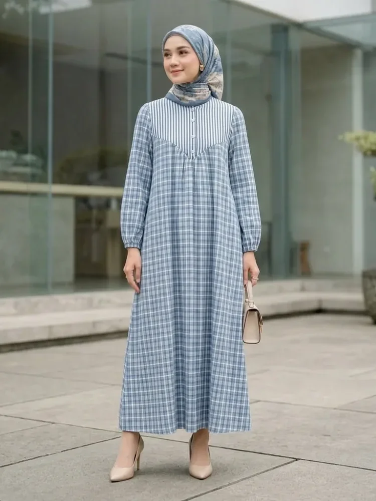 ASAYA Gaun elegan dengan motif posisi mode lengan panjang