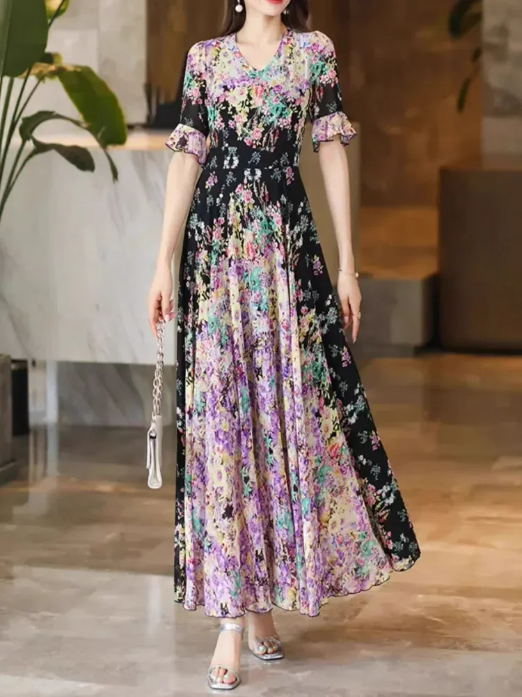 FADFAD Gaun wanita elegan lengan pendek desain ruffle motif bunga