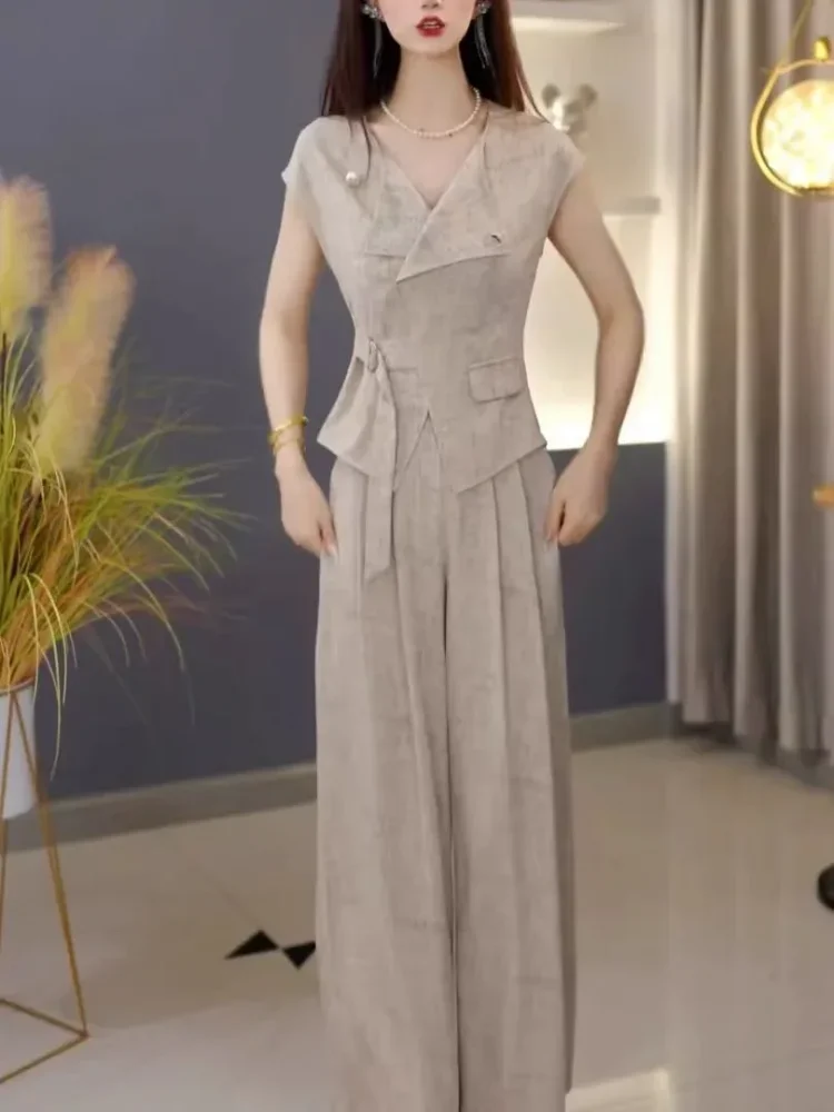 FADFAD Setelan wanita dua polong atasan blouse lengan pendek dengan tali pinggang motif etnik