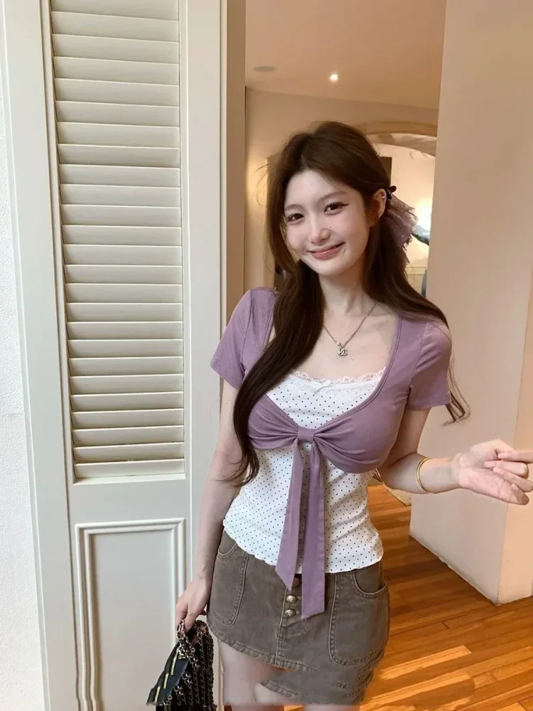 ASAYA Atasan kaos lengan pendek modis dua lapis bergaya feminine