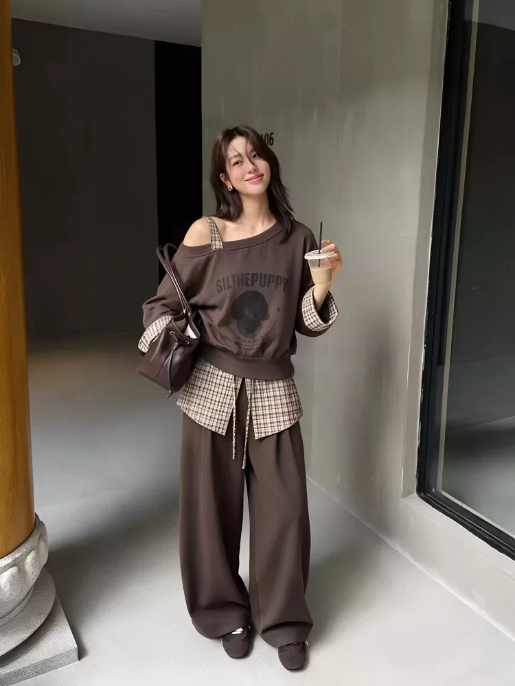 CHICMORE Setelan pakaian kasual jaket sweatshirt lengan panjang dan celana untuk wanita