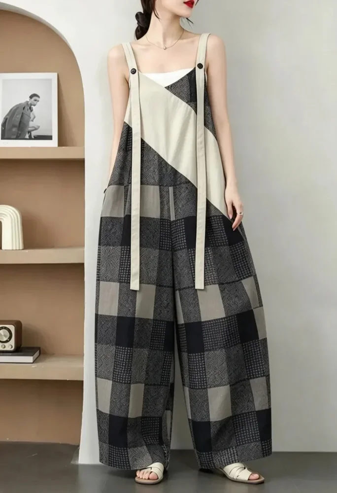 ASAYA Jumpsuit santai wanita serbaguna dengan desain cetak populer dan kombinasi warna polos