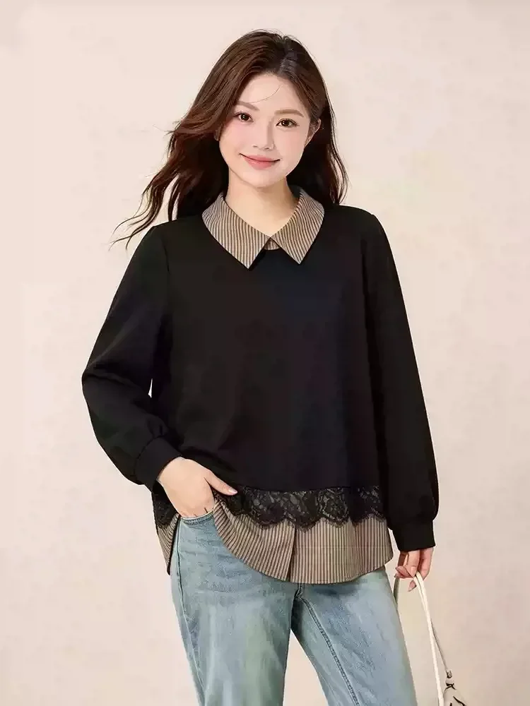 FADFAD Atasan kaos lengan panjang garis-garis mewah model dua potong palsu untuk wanita