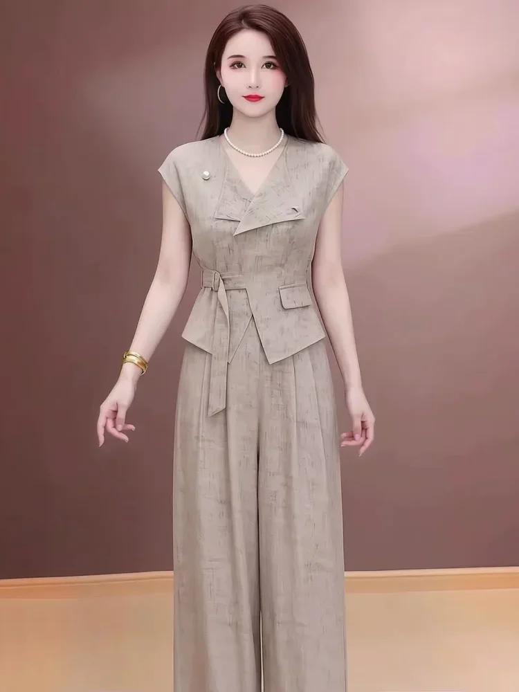 FADFAD Setelan wanita dua polong atasan blouse lengan pendek dengan tali pinggang motif etnik