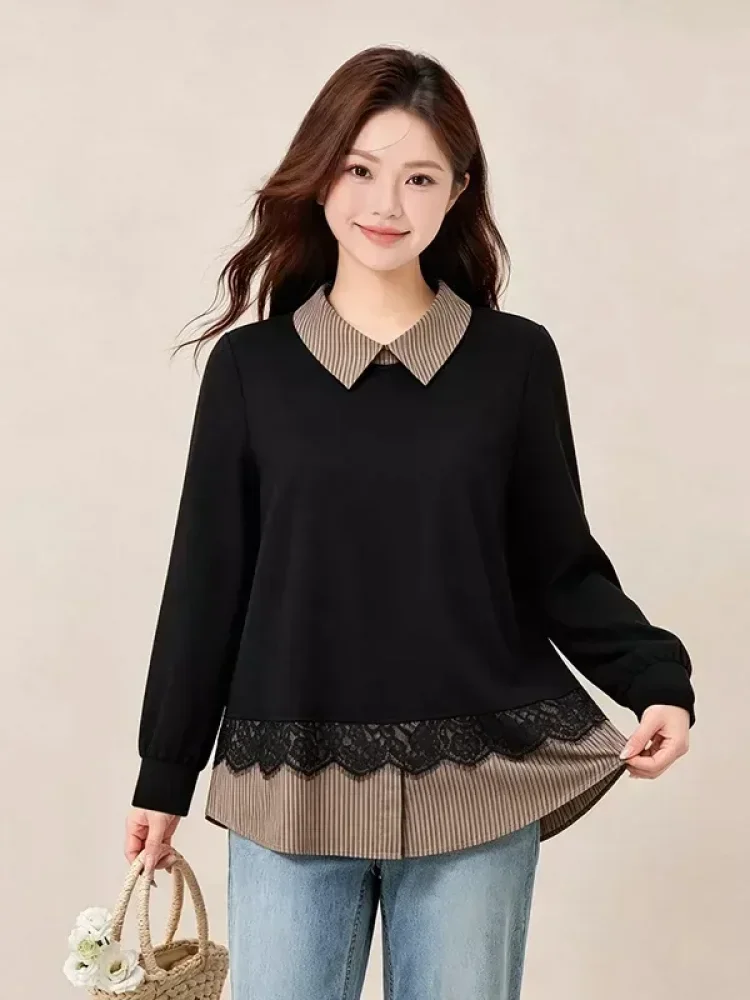 FADFAD Atasan kaos lengan panjang garis-garis mewah model dua potong palsu untuk wanita