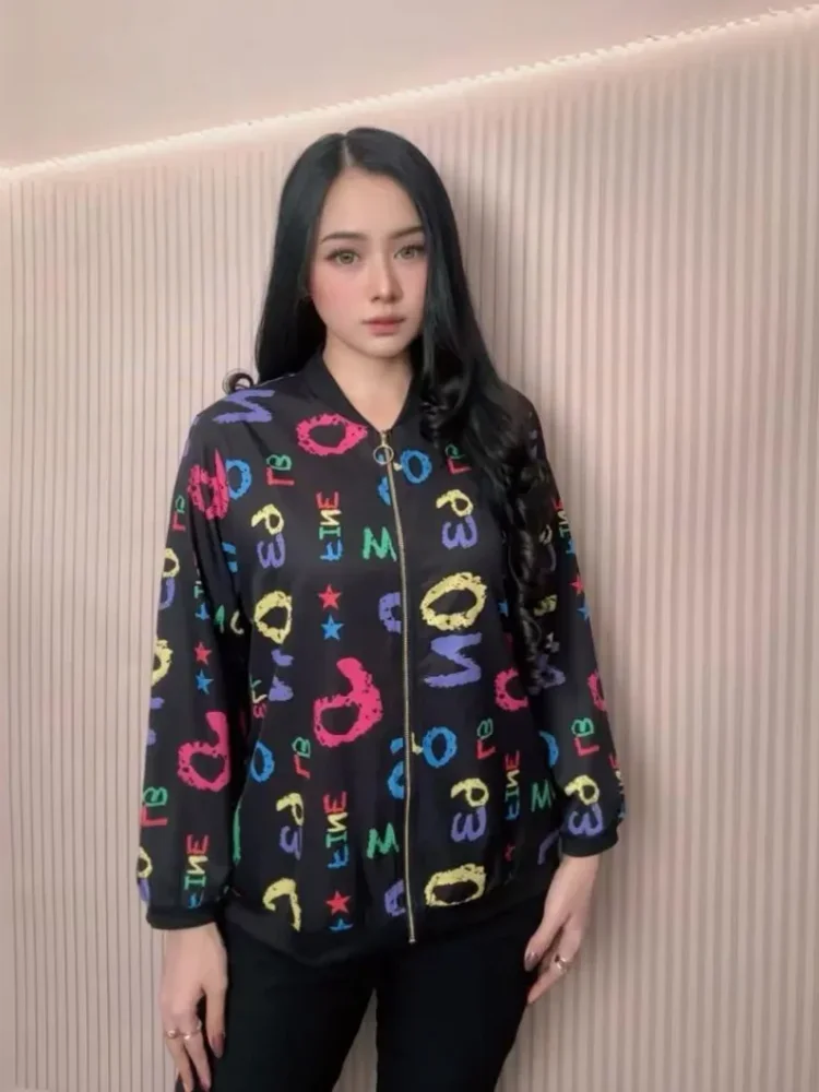 FADFAD Atasan wanita lengan panjang dengan zipper motif cetak gaya casual
