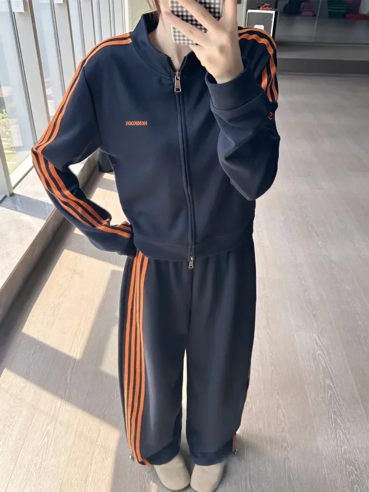 CHICMORE Setelan dua potong sporty atasan lengan panjang dan celana panjang motif striped