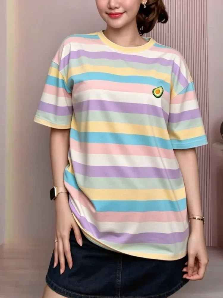 ASAYA Atasan t-shirt lengan pendek dengan kerah bulat bergaya kasual, lembut, tipis, dan bermotif