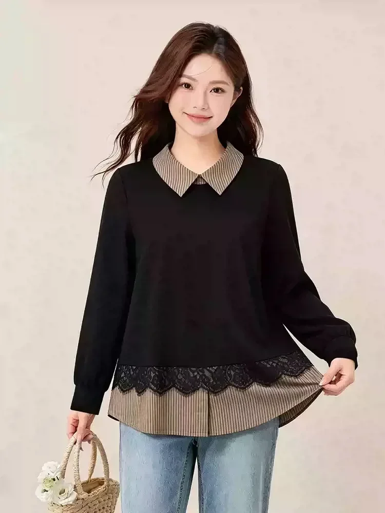 FADFAD Atasan kaos lengan panjang garis-garis mewah model dua potong palsu untuk wanita