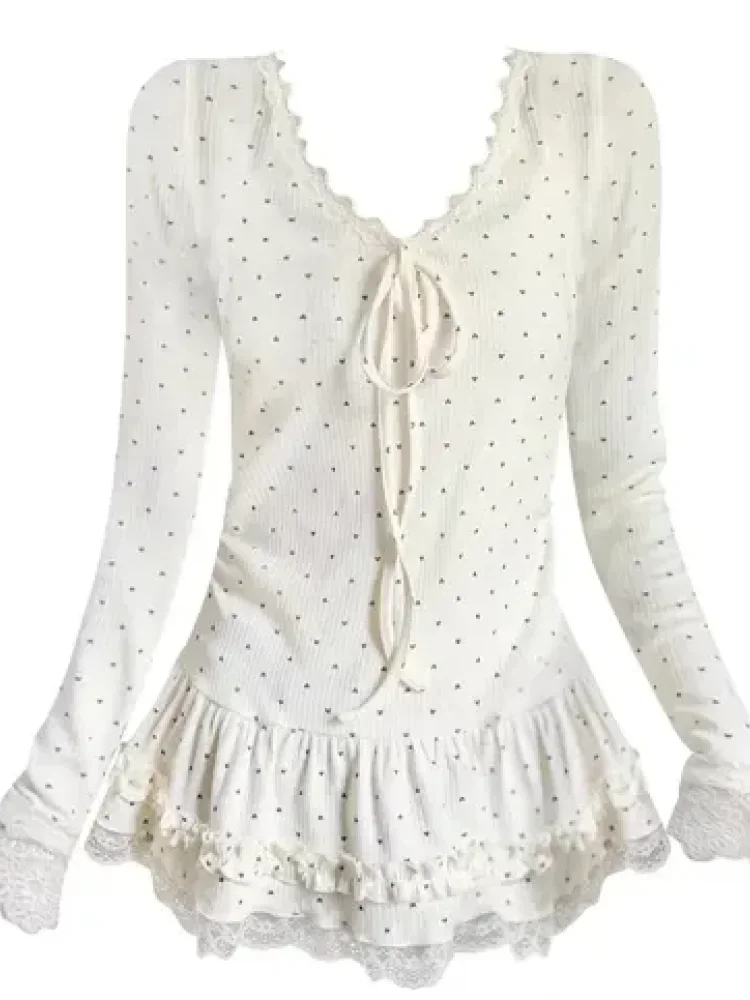 CHICMORE Atasan wanita dengan kerah v neck lengan panjang dengan motif polkadot kekinian ala korea