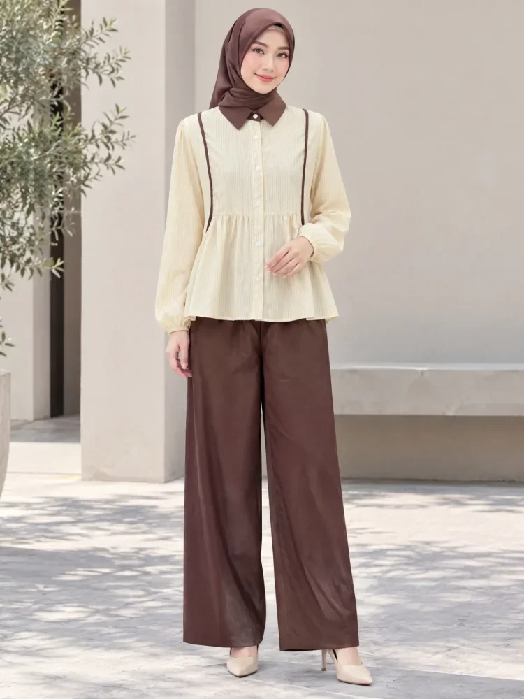 ASAYA Setelan celana modis dengan motif garis vertikal, dipadukan dengan kemeja lengan panjang berkerah, desain pas tubuh, membuat tubuh terlihat lebih ramping.