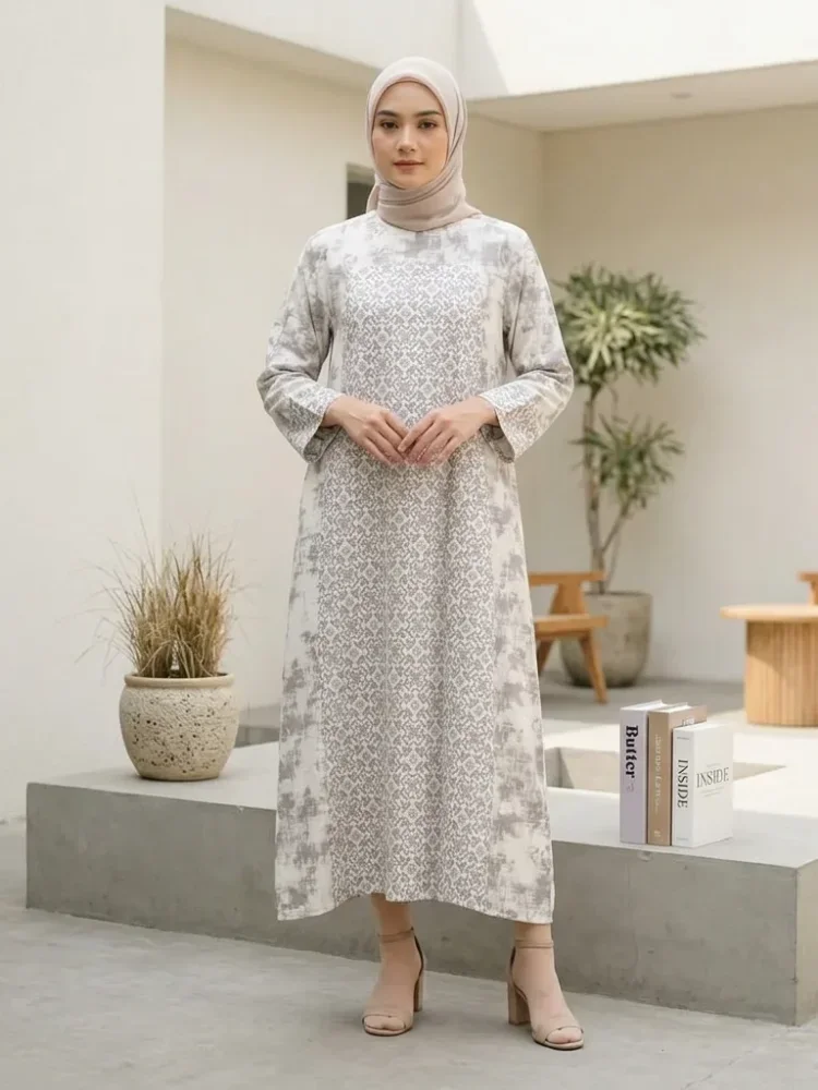 ASAYA Gaun berleher bulat dengan desain patchwork bermotif hijau,