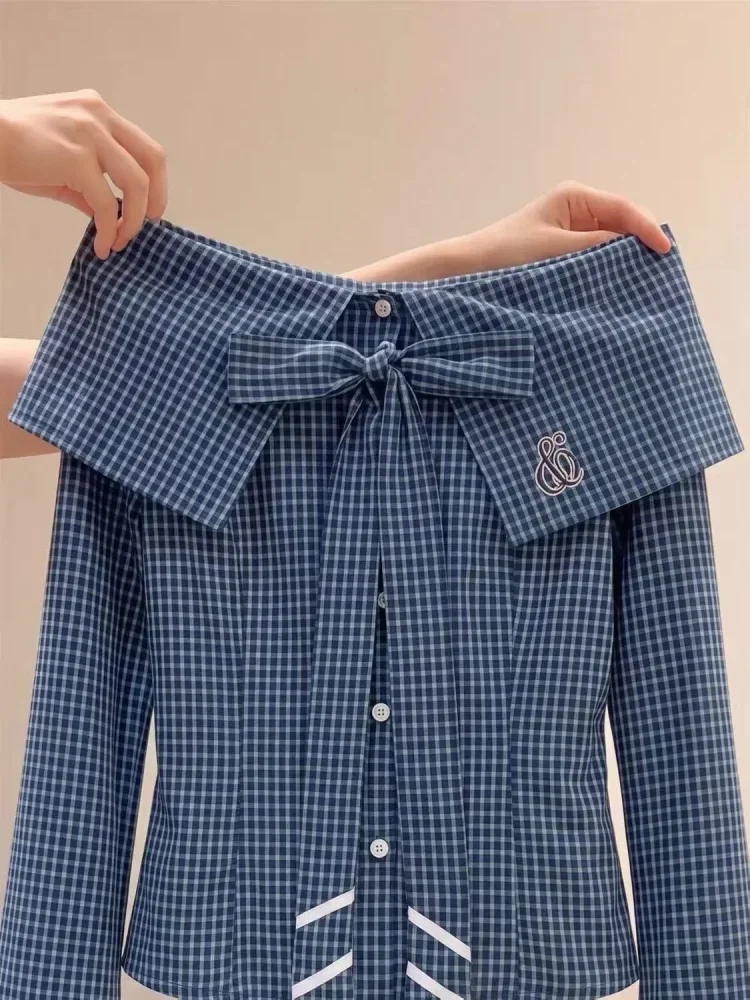 FADFAD Blouse motif kotak kecil dengan kancing aktif sebaris dan lengan panjang gaya korean
