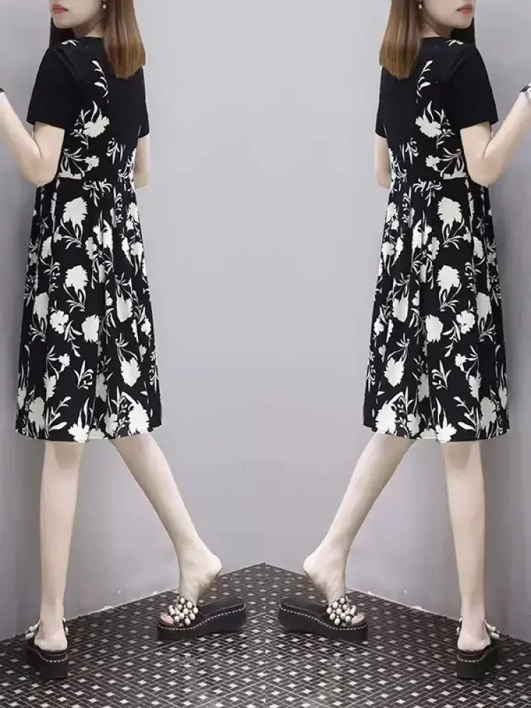 FADFAD Gaun kerah leher bulat lengan pendek motif cetak retro kekinian gaya baru