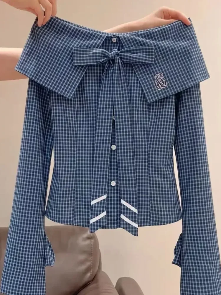 FADFAD Blouse motif kotak kecil dengan kancing aktif sebaris dan lengan panjang gaya korean