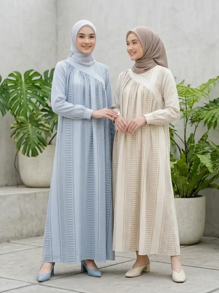 ASAYA Gaun elegan dengan motif posisi mode lengan panjang