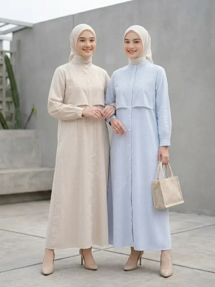 ASAYA Gaun elegan dengan motif posisi mode lengan panjang