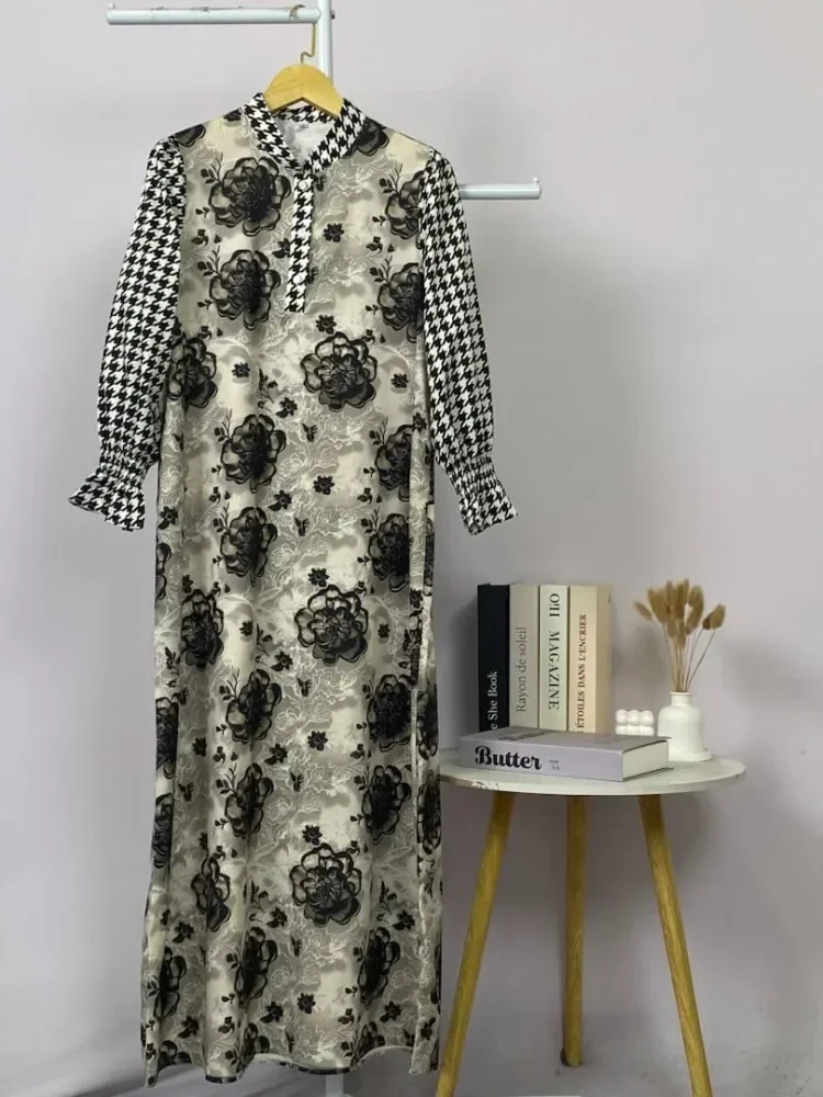 ASAYA Gaun elegan dengan motif posisi mode lengan panjang