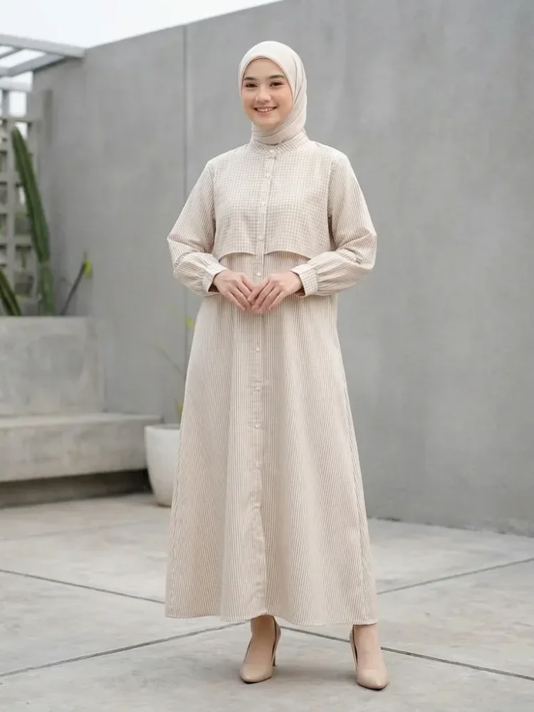ASAYA Gaun elegan dengan motif posisi mode lengan panjang