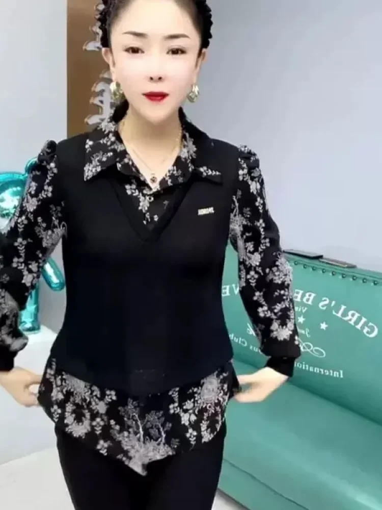 FADFAD Atasan lengan panjang bermotif bunga modis untuk wanita