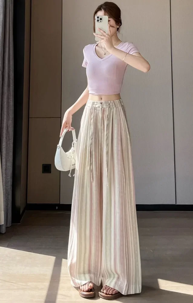 ASAYA Celana panjang kaki lebar motif garis-garis berwarna terbaru