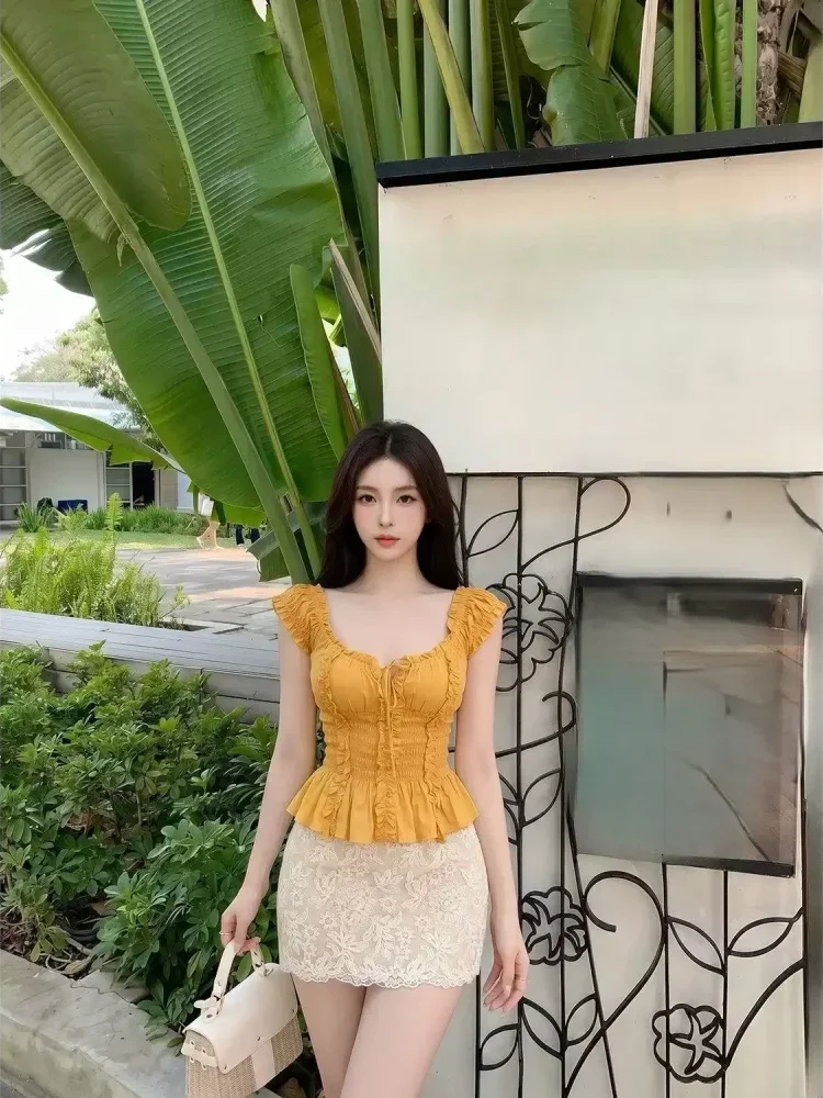 CHICMORE Atasan pendek tanpa punggung gaya retro blus modis lengan pendek desain manis untuk wanita