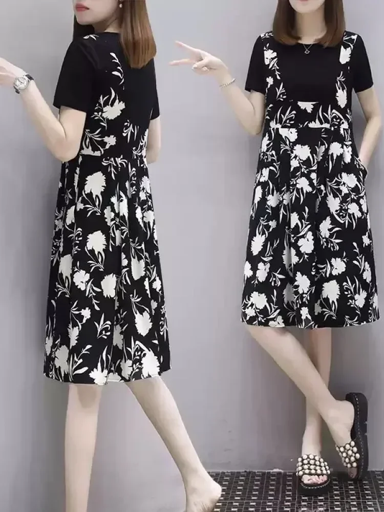 FADFAD Gaun kerah leher bulat lengan pendek motif cetak retro kekinian gaya baru