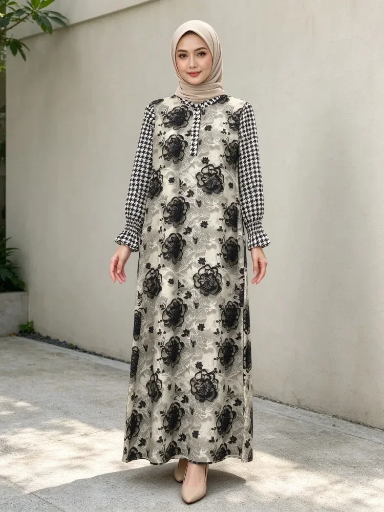 ASAYA Gaun elegan dengan motif posisi mode lengan panjang