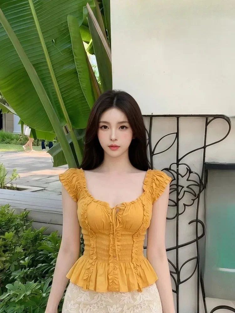 CHICMORE Atasan pendek tanpa punggung gaya retro blus modis lengan pendek desain manis untuk wanita