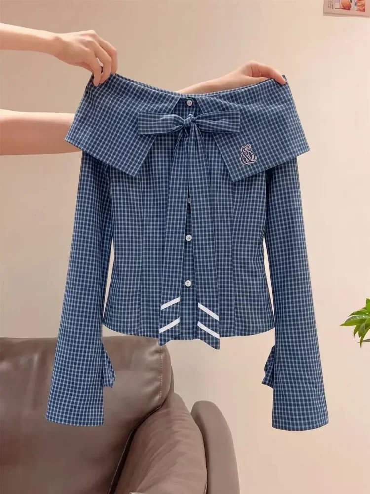FADFAD Blouse motif kotak kecil dengan kancing aktif sebaris dan lengan panjang gaya korean