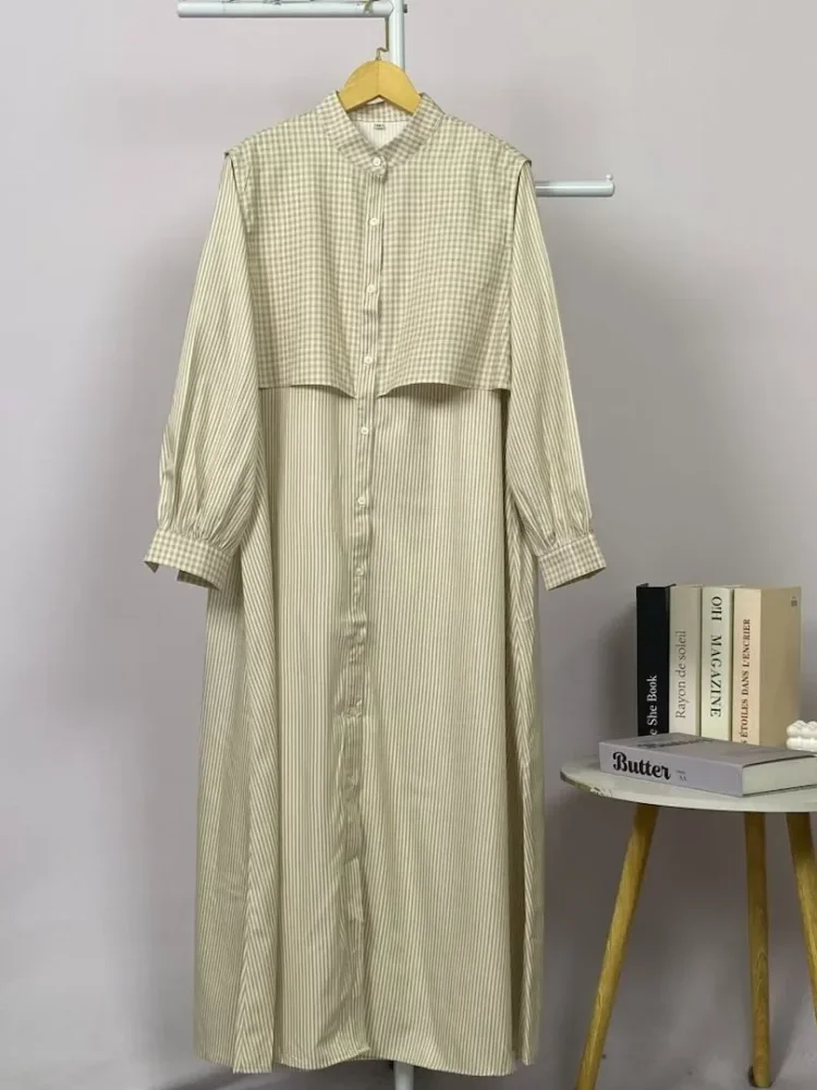 ASAYA Gaun elegan dengan motif posisi mode lengan panjang