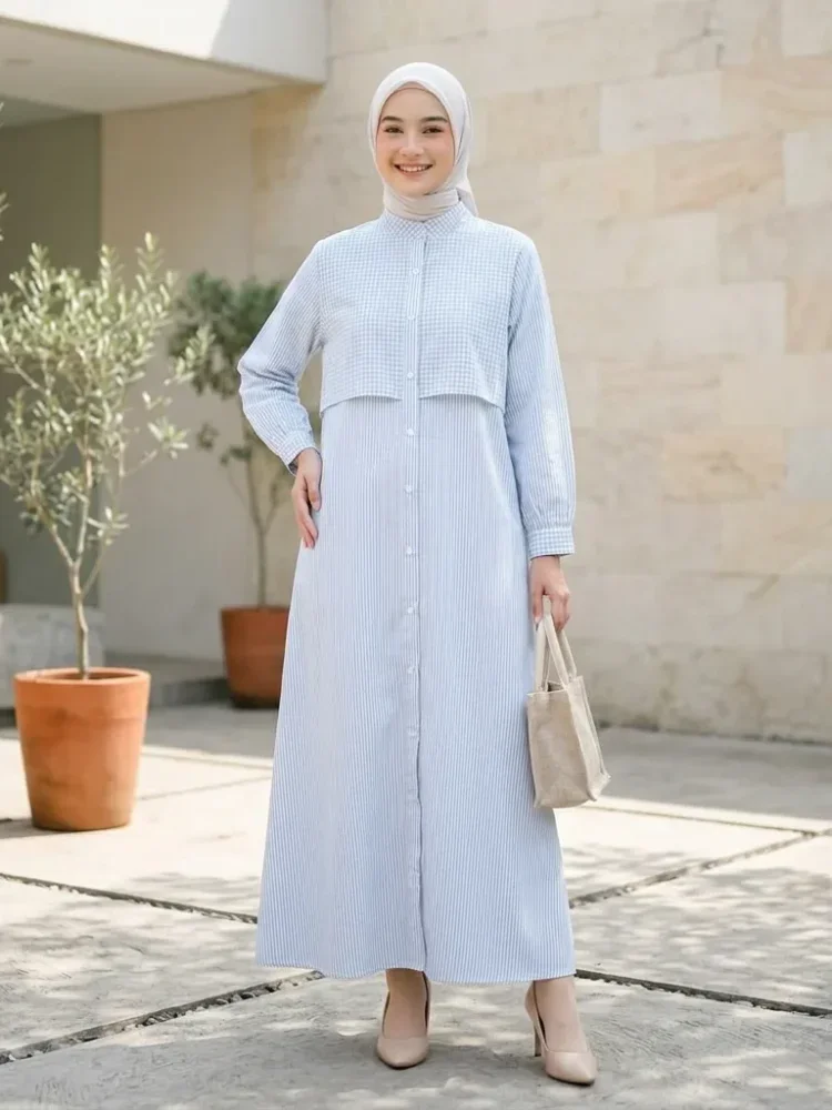 ASAYA Gaun elegan dengan motif posisi mode lengan panjang
