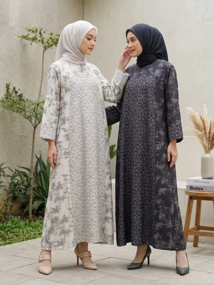 ASAYA Gaun berleher bulat dengan desain patchwork bermotif hijau,