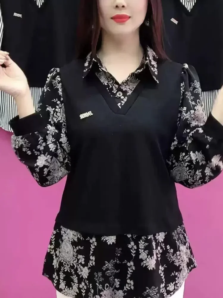FADFAD Atasan lengan panjang bermotif bunga modis untuk wanita