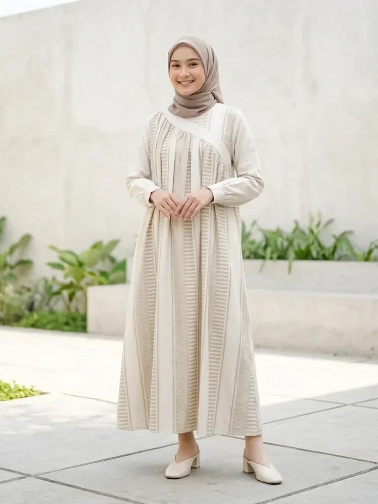 ASAYA Gaun elegan dengan motif posisi mode lengan panjang