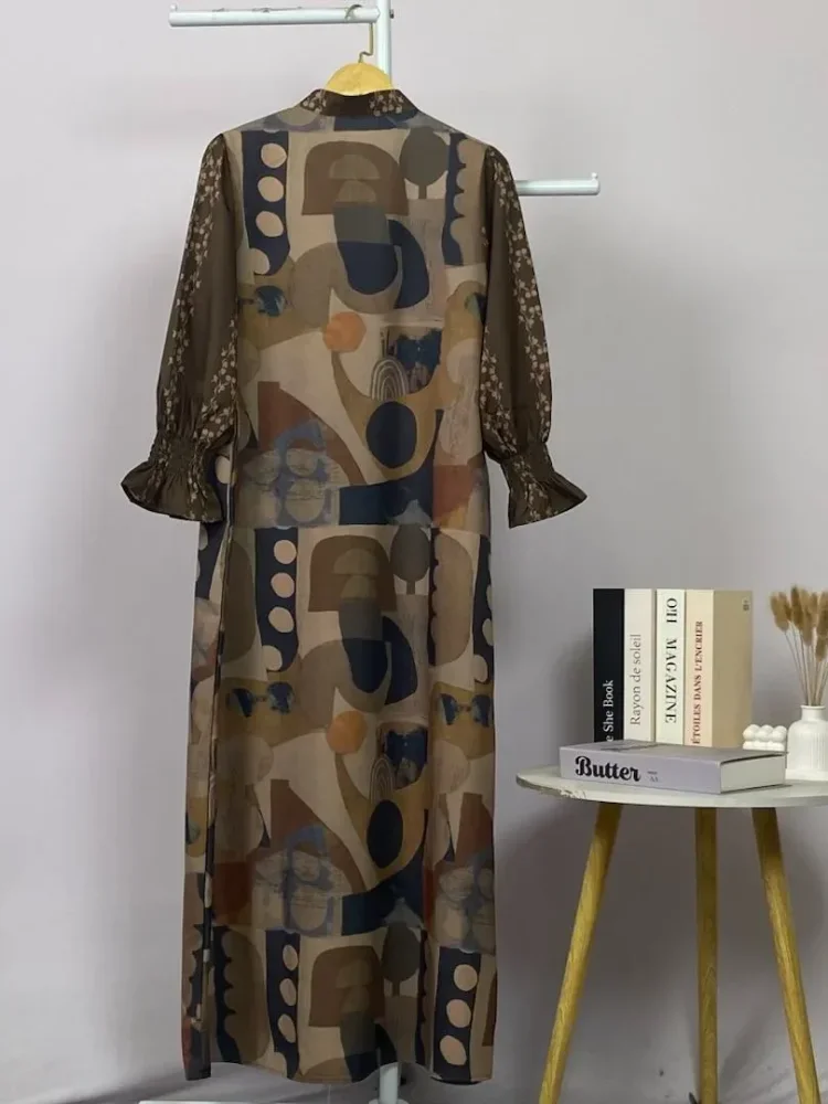 ASAYA Gaun elegan dengan motif posisi mode lengan panjang