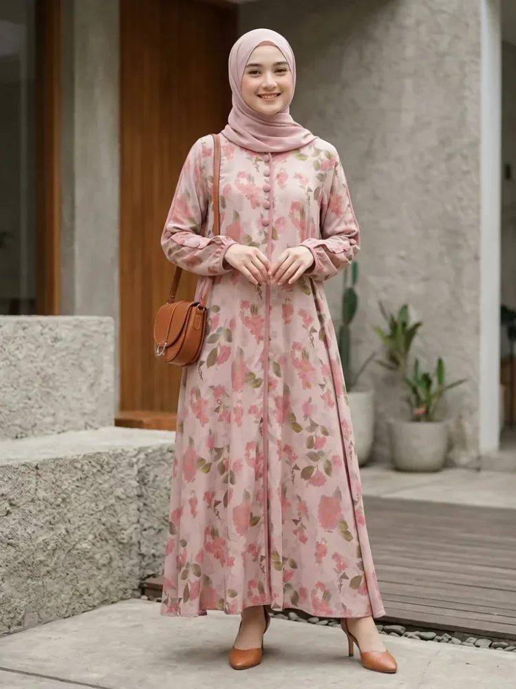 ASAYA Gaun elegan dengan motif posisi mode lengan panjang