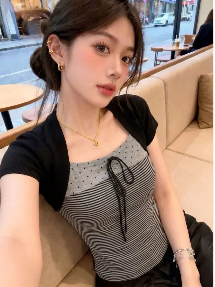 ASAYA Atasan pakaian wanita mode korea kekinian kerah square polkadot garis garis untuk wanita muda terbaru