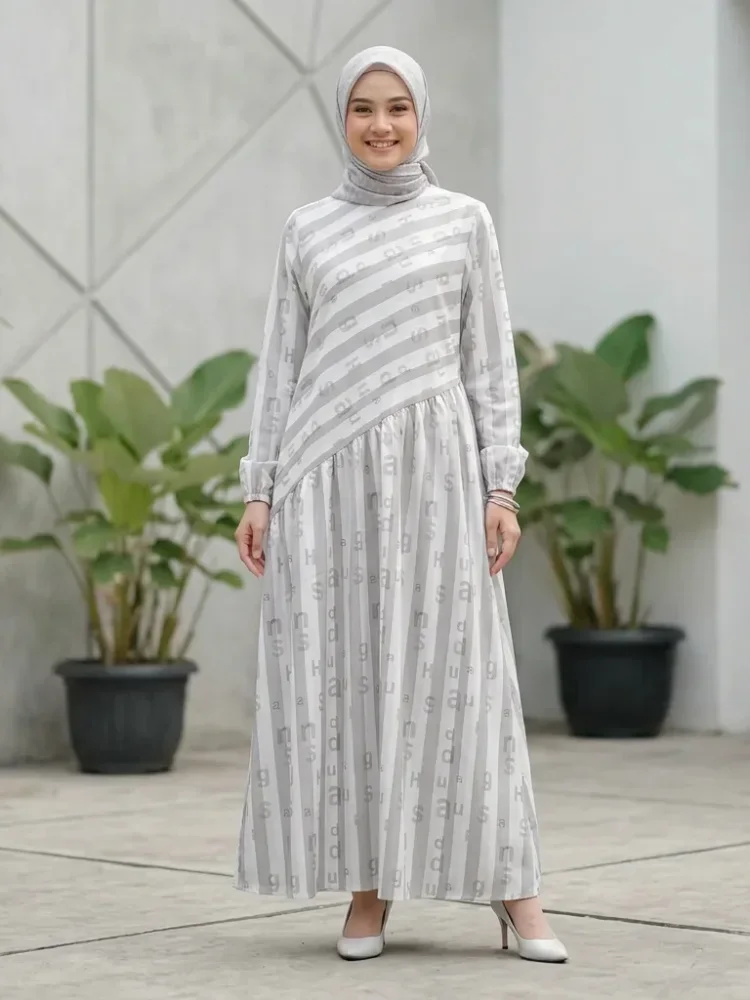 ASAYA Gaun dengan lengan panjang motif cantik gaya manis