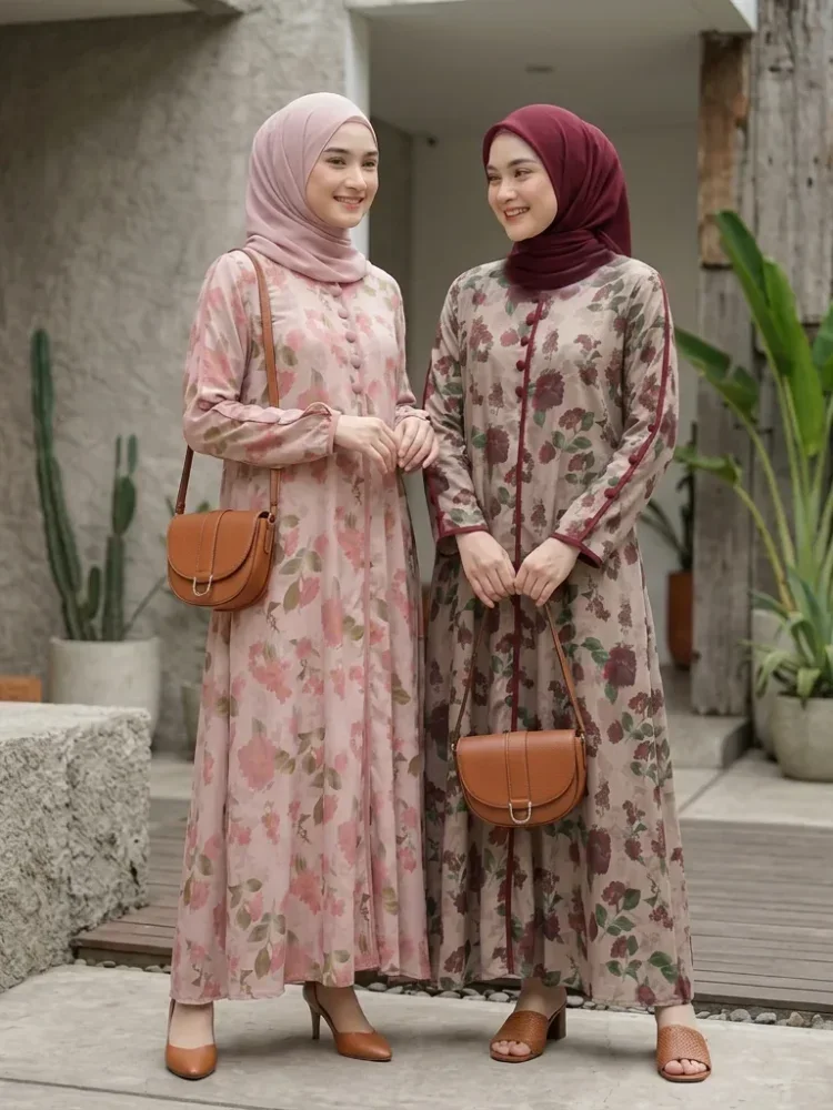 ASAYA Gaun elegan dengan motif posisi mode lengan panjang
