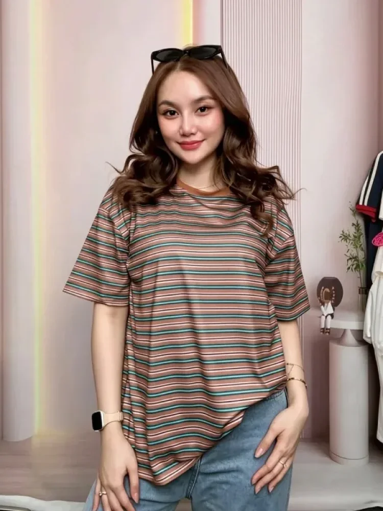 ASAYA Atasan t-shirt lengan pendek dengan kerah bulat bergaya kasual, lembut, tipis, dan bermotif