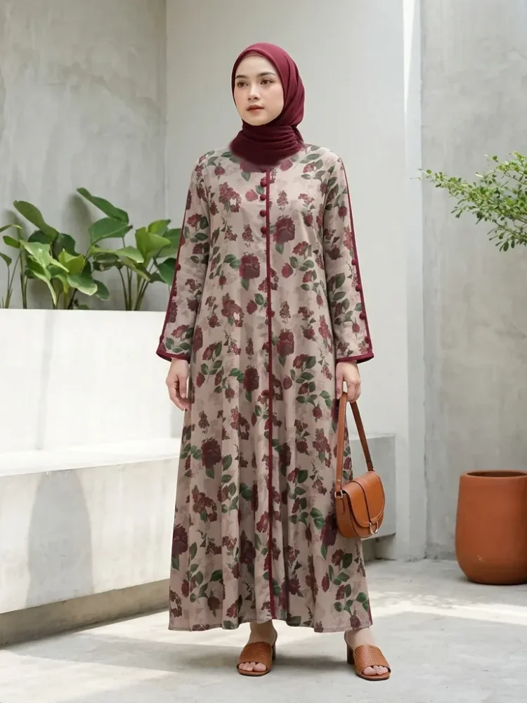 ASAYA Gaun elegan dengan motif posisi mode lengan panjang