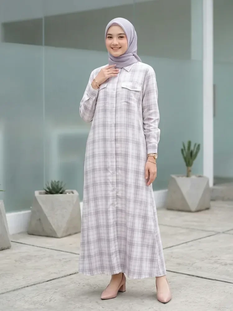 ASAYA Gaun elegan dengan motif posisi mode lengan panjang