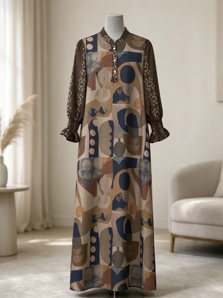 ASAYA Gaun elegan dengan motif posisi mode lengan panjang