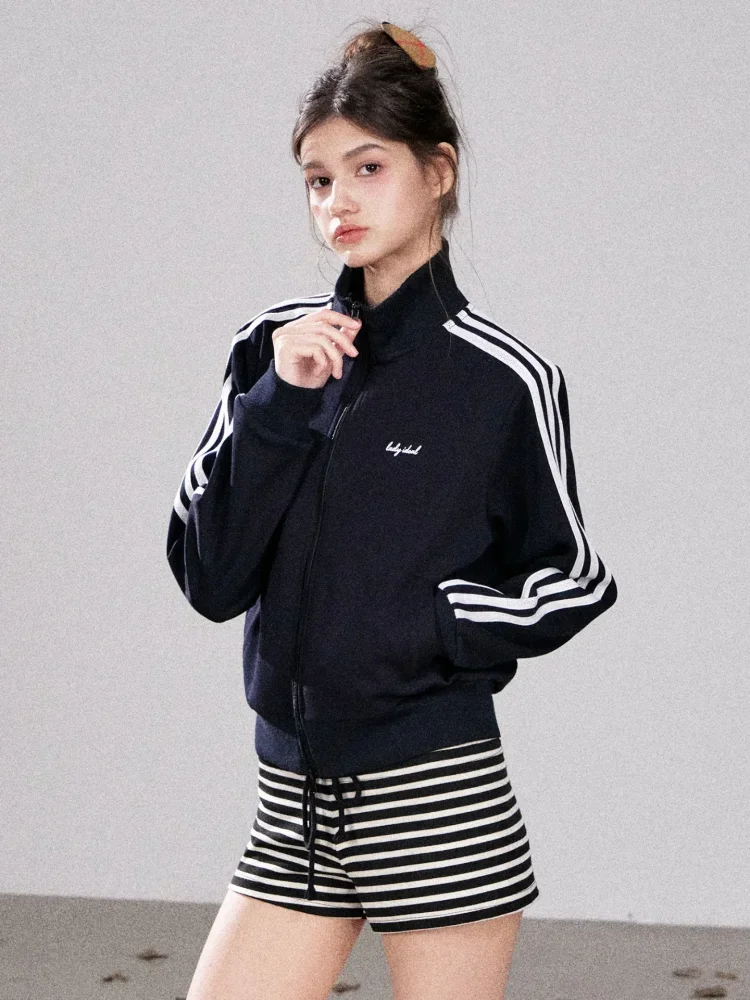 CHICMORE Jaket wanita lengan panjang dengan kerah tinggi gaya casual modern