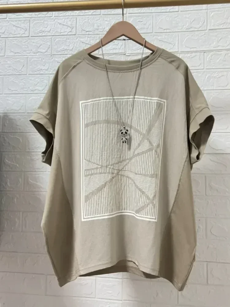 ASAYA Atasan t-shirt lengan pendek dengan kerah bulat bergaya kasual, lembut, tipis, dan bermotif