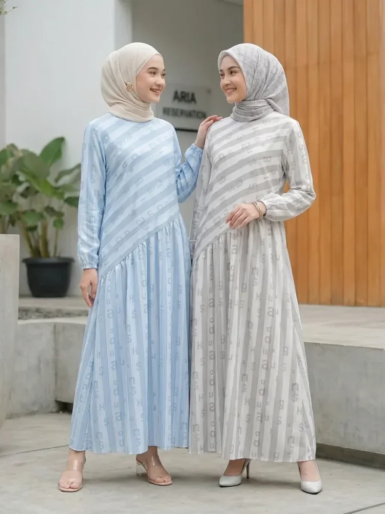 ASAYA Gaun dengan lengan panjang motif cantik gaya manis